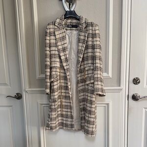 Zara Women's Checkered Trench Coat - Black and Cream